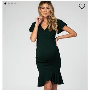 PinkBlush Forest Green Ruffle Accent Fitted Maternity Wrap Dress medium